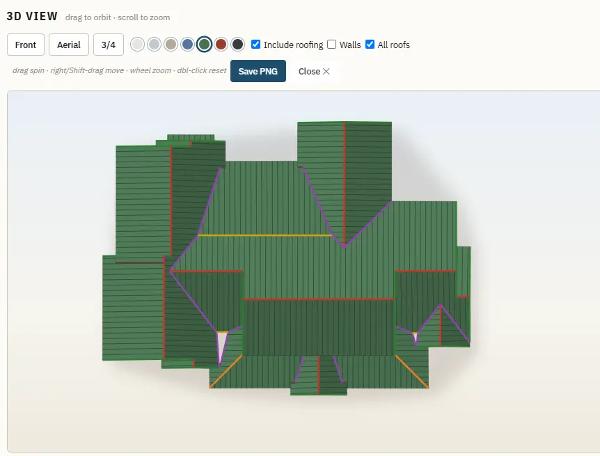 All Roof Pricer 3D view of a hip roof with metal panels laid, ridges, hips, and valleys marked in color