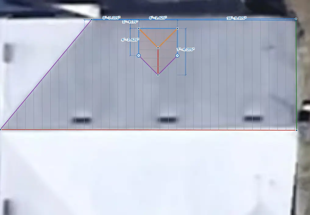 Gable dormer drawn on a traced roof facet with its ridge, valleys, and dimensions