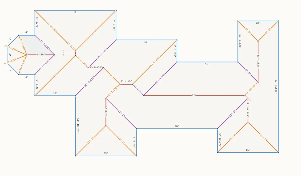 Plan view of a complex roof with ridges, hips, valleys, eaves, and rakes drawn in color