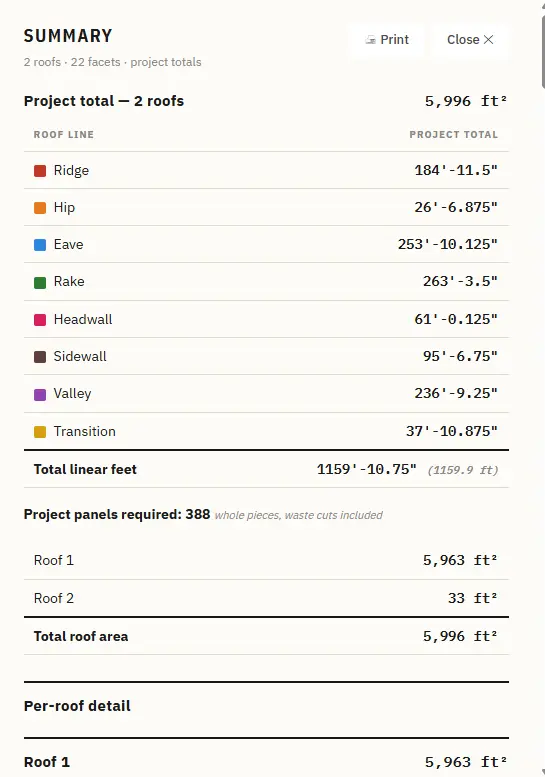 Project summary listing ridge, hip, eave, rake, valley, and total linear feet plus panels required